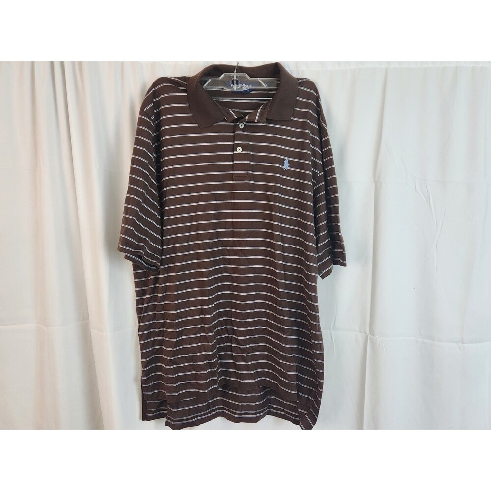 Polo Ralph Lauren Men's Polo Shirt Brown W/ Blue & White Stripes  Size Large